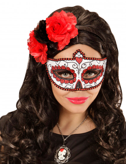 Mascarilha colorida vermelha brilhante adulto Dia de los muertos Mascarilha colorida vermelha brilhante adulto Dia de los muertos
