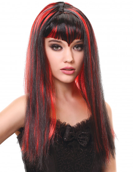 Peruca vampiro comprida preta e vermelha com franja Halloween 1