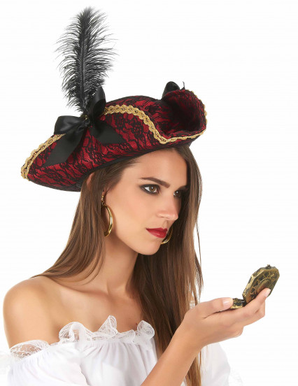 Chapéu de pirata vermelho com pena - adulto 2