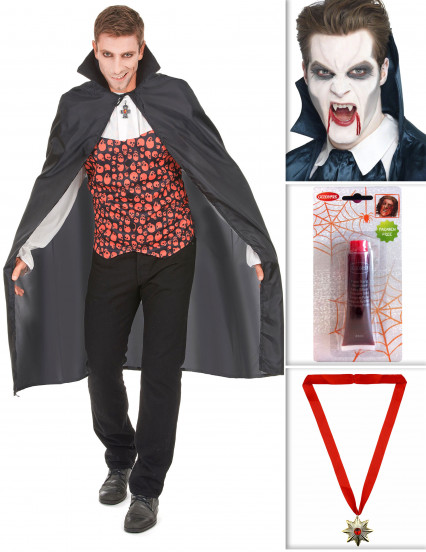 Pack de vampiro com capa, dentes, sangue falso e medalha Halloween 1