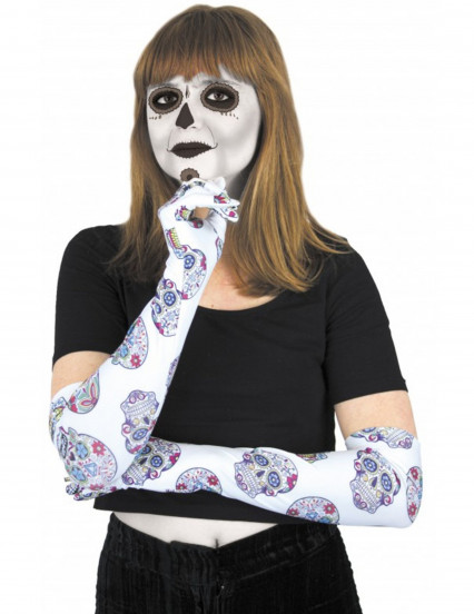 Luvas compridas brancas com caveiras coloridas Dia de los muertos Luvas compridas brancas com caveiras coloridas Dia de los muertos