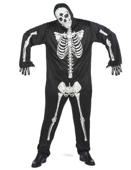 Disfarce preto de esqueleto em tamanho grande para homem para o Halloween 2